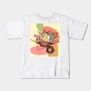 Pumpkin-Pushing Purr Midcentury Kids T-Shirt